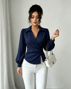 French lapel V-neck wrap tie waist long sleeve blouse for women solid color elegant top