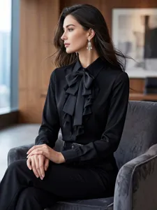 Elegante camisa negra con solapa francesa lazo y detalle de volantes de moda