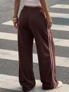 Y2K retro high waist casual loose wide leg sweatpants with pink side stripes for women autumn.