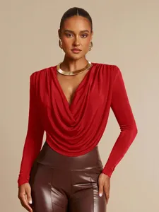 Donna Rosso Collo Scollato Maniche Lunghe Body Vestibilità Slim Design Plissettato