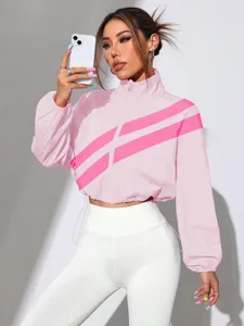 Pink contrast diagonal stripe cropped windbreaker, Y2K stand collar zip-up sun protection jacket.