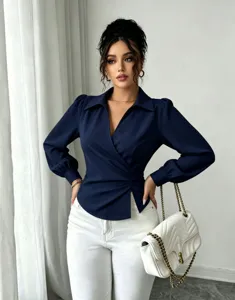 French lapel V-neck wrap blouse featuring chic gathered waist and long sleeves for women.