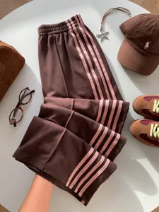 Brown vintage Y2K high waist casual sweatpants with pink side stripes for women daily wear.