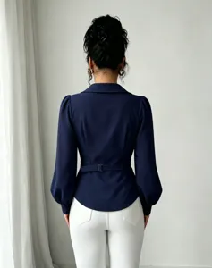 French lapel long puff sleeve blouse back waist belt detail showing elegant style design