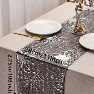 Camino de mesa de telaraña de Halloween mantel plateado decoración de fiesta 2.75M