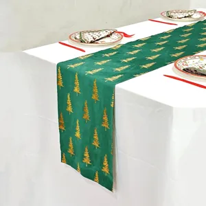 Camino de mesa de Navidad verde con estampado de arbol dorado para decoracion 1ud
