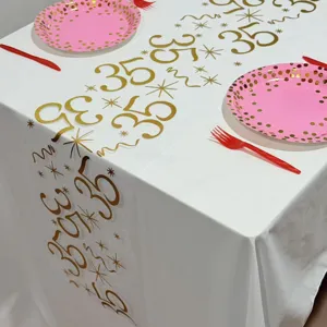 Chemin de table anniversaire 35 ans doré tissu maille blanc décoration de fête
