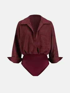 Burgundy striped lapel long sleeve bodysuit shirt with single breasted button front design.