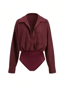Burgundy striped lapel long sleeve single breasted bodysuit shirt for women daily wear