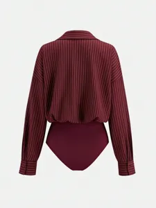 Striped long sleeve lapel bodysuit shirt, back detail view showing buttoned sleeve cuffs.