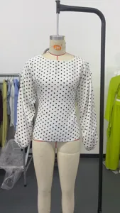 Polka dot long sleeve blouse for women, elegant round neck casual daily wear top detail.