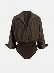 Dark brown vertical striped lapel long sleeve bodysuit shirt with front button details.
