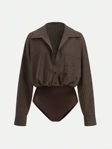 Details of brown vertical striped lapel single-breasted long sleeve bodysuit shirt.
