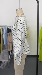 Stylish women long sleeve polka dot blouse casual elegant o-neck tie waist shirt top.