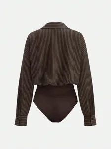 Back detail view of the dark brown vertical striped lapel long sleeve bodysuit shirt.