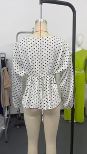 Women polka dot long sleeve blouse casual round neck tie waist top stylish daily wear
