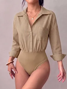 Striped lapel single-breasted long sleeve bodysuit detail view showcasing texture and design.