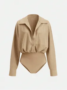 Detail view of the stylish beige vertical striped long sleeve collared bodysuit shirt.