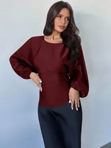Women's burgundy long sleeve crew neck blouse casual elegant stylish cinched waist top