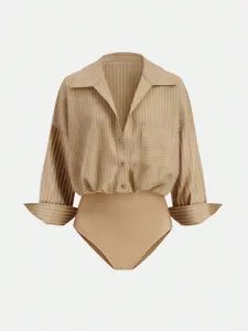 Elegantly designed striped lapel long sleeve bodysuit shirt with button closure detail.