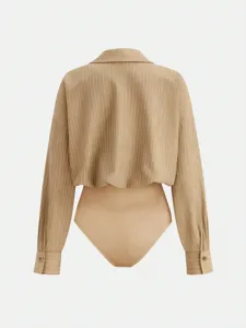 Detailed back view of a chic striped lapel long sleeve bodysuit shirt in classic beige.