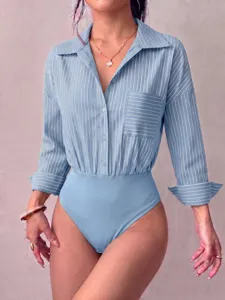 Detail view of the light blue vertical striped lapel button-down long sleeve shirt bodysuit.