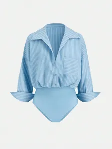 Blue vertical striped lapel single-breasted long sleeve bodysuit shirt detail display.