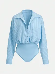Detailed view of a light blue vertical striped long sleeve lapel bodysuit shirt with buttons.