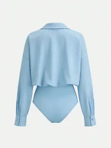 Light blue vertical striped lapel long sleeve buttoned shirt bodysuit for women.