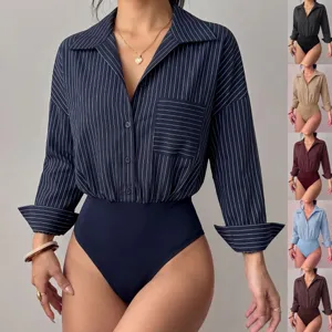 Women's Casual Long Sleeve Lapel Single-Breasted Vertical Striped Jumpsuit Slim Fit Bodysuit Streetwear Apparel
