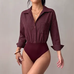 Women pinstripe long sleeve bodysuit shirt lapel single breasted casual elegant top new.
