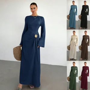 Γυναικείο Κομψό Φόρεμα Maxi με Στρογγυλή Λαιμόκοψη και Μακρύ Μανίκι Καμπάνα Πλισέ Μεταλλική Αγκράφα Στενή Εφαρμογή Casual Μακρύ Φόρεμα