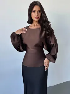 Elegant women's long sleeve blouse casual crew neck waist-cinching satin top fashion apparel