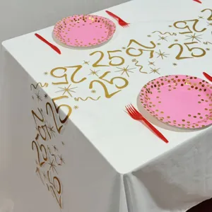 Chemin de table anniversaire 25 ans doré nappe filet blanc pour fête célébration déco.