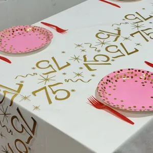Chemin de table en tulle blanc avec impression dorée 75 pour fête d'anniversaire et déco.