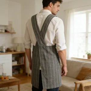 Japanese Minimalist Cotton Linen Apron Breathable Striped Kitchen Cooking Workwear Apron with Dual Pockets Cross Back