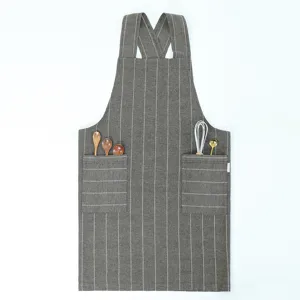 Japanese style striped cotton linen kitchen apron with cross back straps and double pockets.