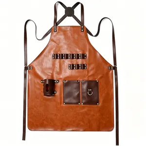 Waterproof Oil-Proof PU Leather Apron With Multi-Pockets Adjustable Straps For Kitchen Cooking Barbecue Gardening Working Unisex