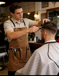 Delantal de trabajo marrón de lona resistente con múltiples bolsillos para carpintero y barbero.