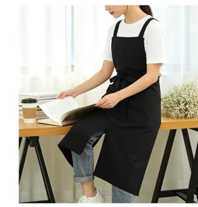 Cotton linen black work apron with pockets and waist tie for kitchen cafe florist use