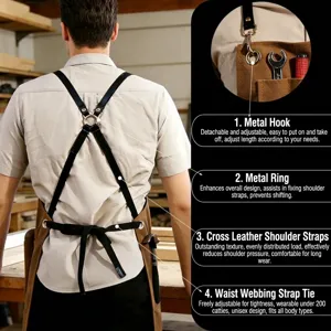 Delantal de trabajo de lona gruesa duradero con correas de cuero cruzadas y herrajes.
