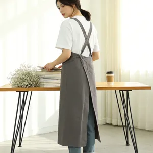 Cotton Linen Apron Japanese Style Work Apron with Pockets Adjustable Cross Back Apron for Kitchen Cooking Baking Florist Cafe