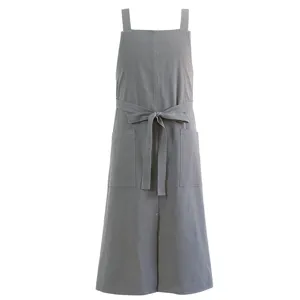 Grey cotton linen apron with pockets adjustable straps for kitchen cooking baking cafe.
