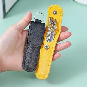 Portable stainless steel ear pick set with PU leather storage case for daily personal care clean.