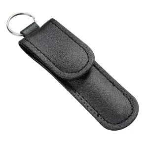 Black leather ear pick tool storage case with metal key ring, portable pocket keychain pouch.