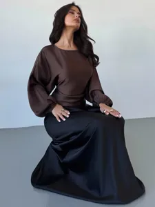 Women brown satin long sleeve top detail view, elegant round neck casual blouse for daily wear.