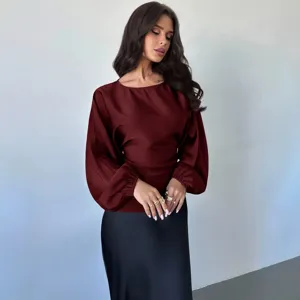 Elegant women's satin long sleeve blouse with round neck casual chic top for fashion wear