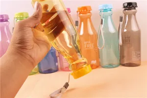 Detail view of colorful plastic water bottle 550ml, portable strap, daily use drinkware.