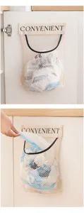 Hanging mesh grocery bag holder for kitchen cabinet, wall mounted plastic bag organizer.