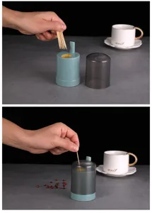 Detail view of push-type automatic toothpick dispenser, portable plastic storage container box.